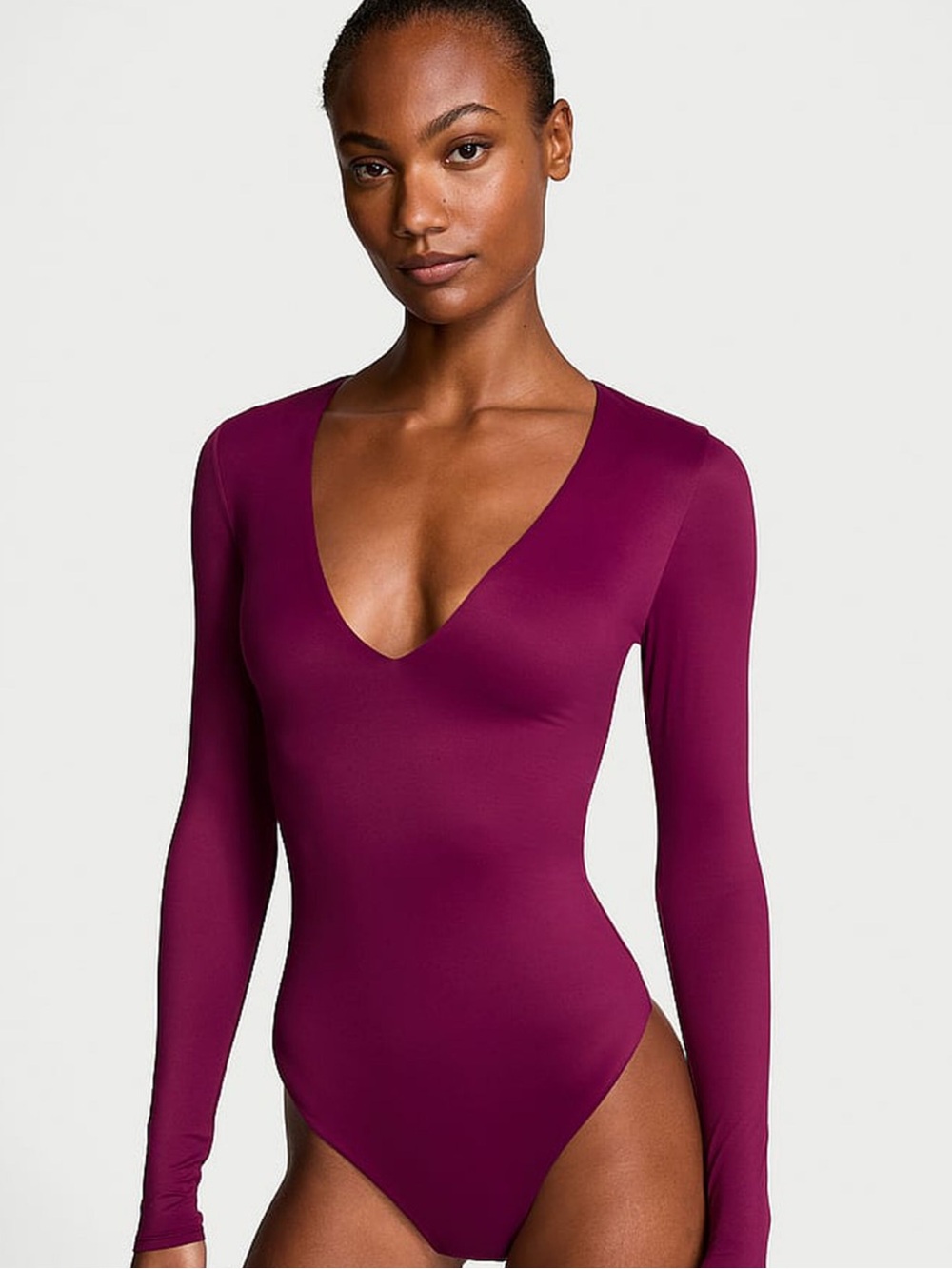 Victoria's Secret FeatherSoft™ V-Neck Long-Sleeve Bodysuit in Plum Rouge